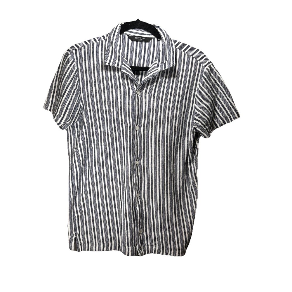 Kenneth Cole Shirt Mens Small Blue White Striped Button Up 100% Cotton Short Slv